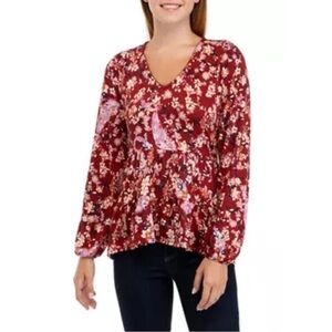 $40 NWT TRUE CRAFT Babydoll V-Neck Knit Top Floral V-Neck Women's Top - Red L